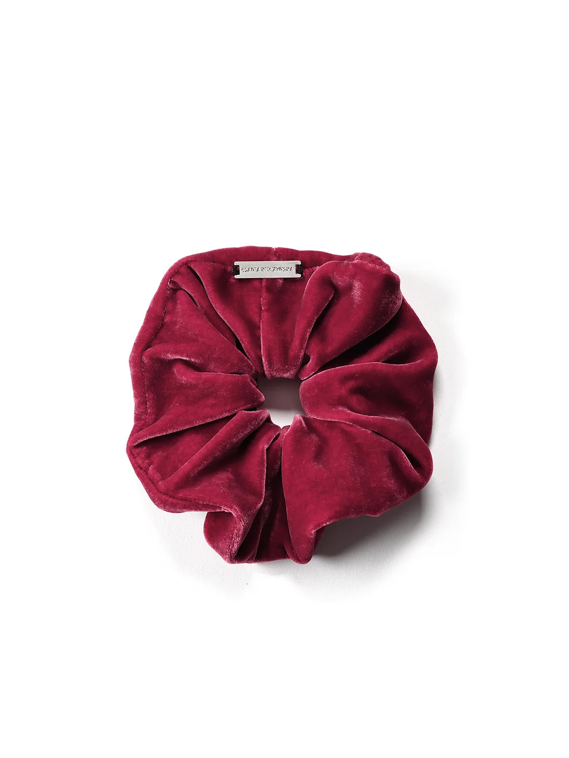 Amore Rosso scrunchie z jedwabnego weluru z ręcznie przyszytym logo